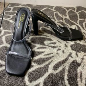 Black square toe clear strap heels